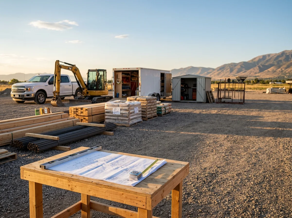 Construction site or landscape project showcasing residential building and outdoor design work.