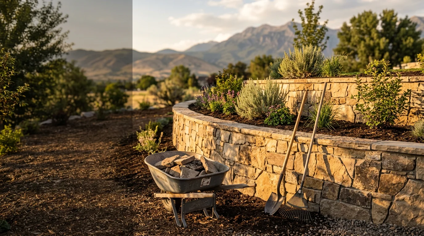 Custom landscape design with retaining wall and plantings in Utah