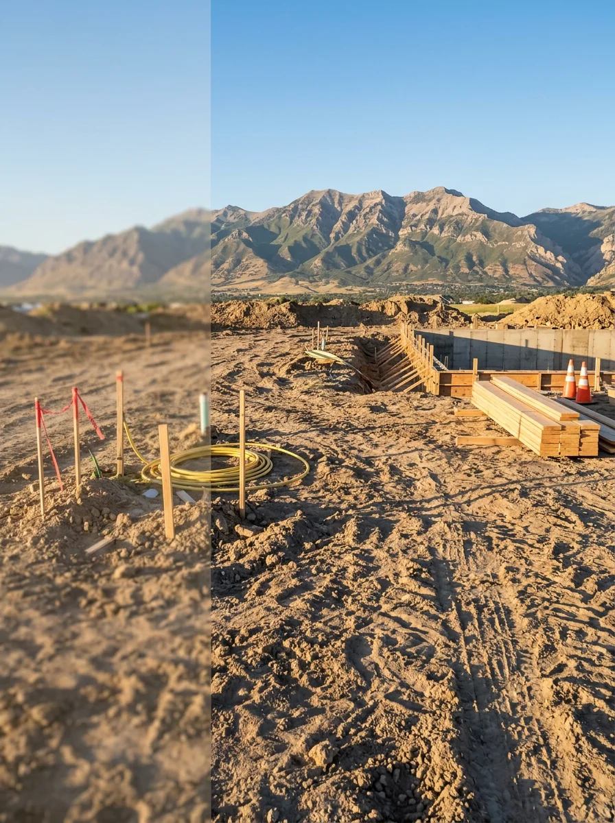 A new home under construction on a large lot in Herriman, Utah, with rough-graded soil and the Oquirrh Mountains visible in the background.