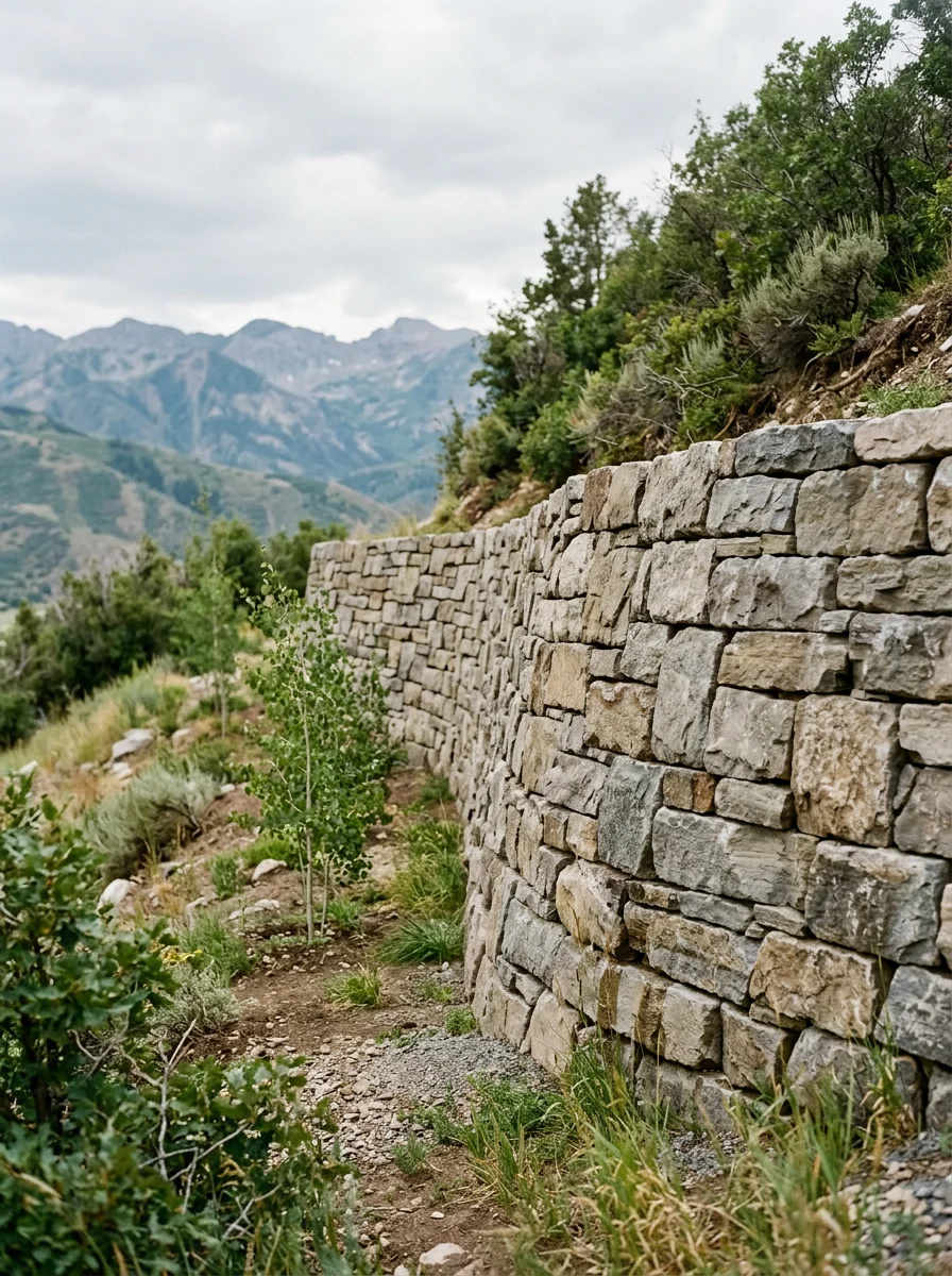 A stone retaining wall on a sloped hillside lot near Park City, Utah, with a partially landscaped yard and mountain terrain surrounding the property.