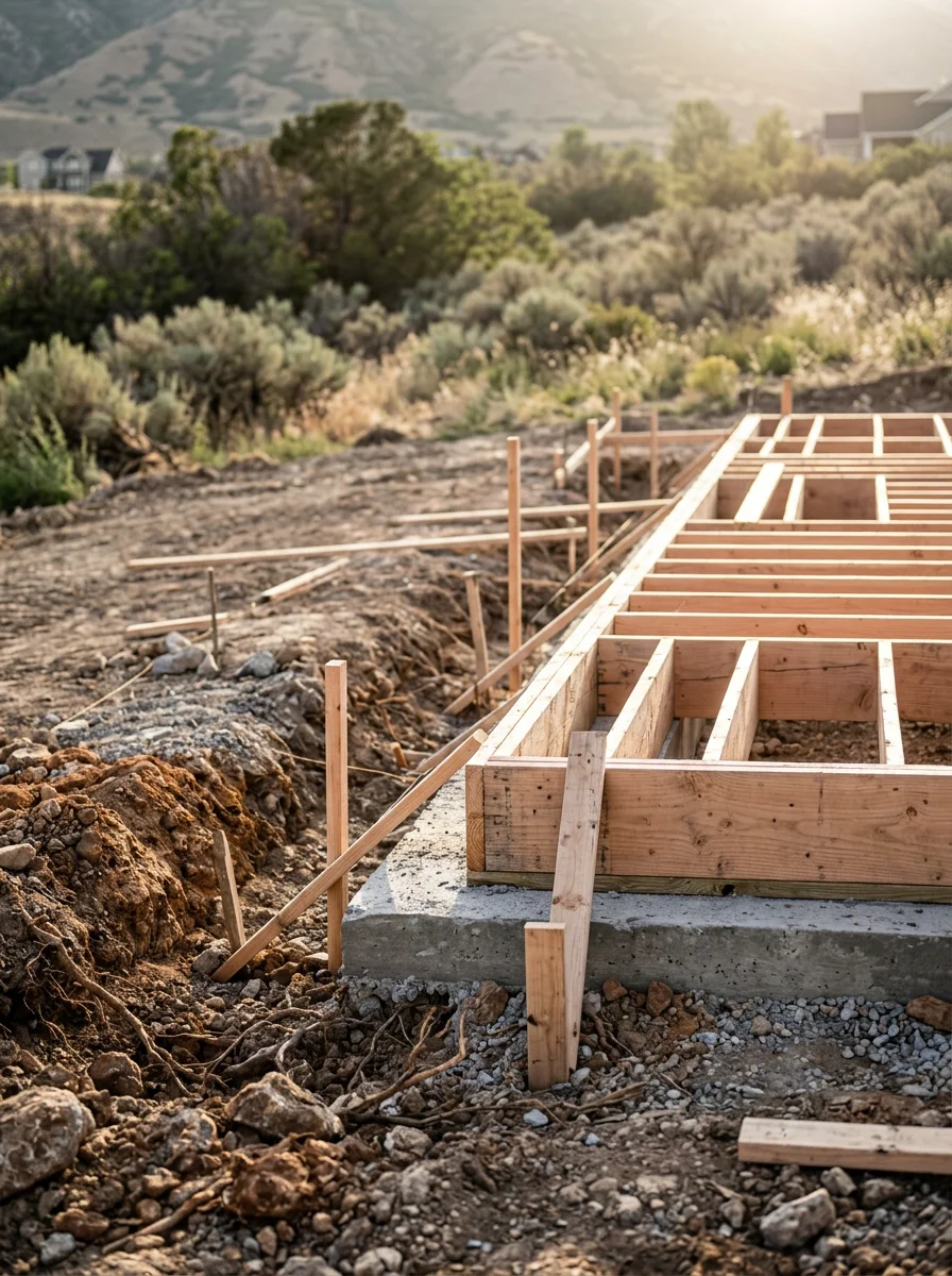 Close-up of a new home foundation being framed on a graded foothill lot in Utah County, with rocky alluvial soil visible at the excavation edge.