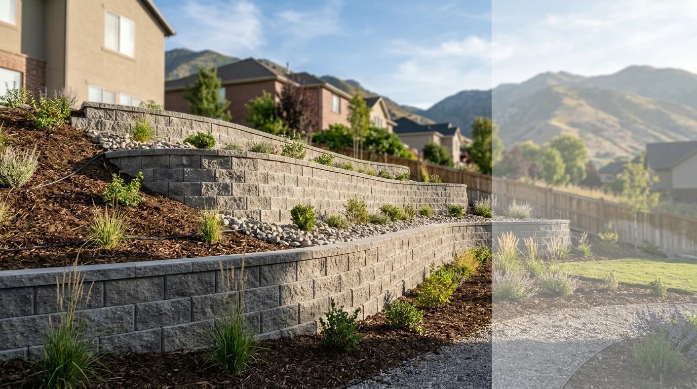 A tiered retaining wall built from concrete block on a sloped residential lot in Utah County, with a landscaped yard and Wasatch Mountain foothills visible in the background.