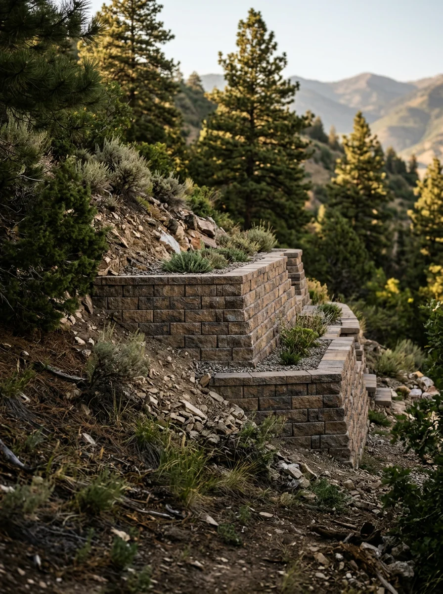 A tiered retaining wall on a steep hillside lot in Midway, Utah, with rocky mountain terrain and mature trees surrounding the property.