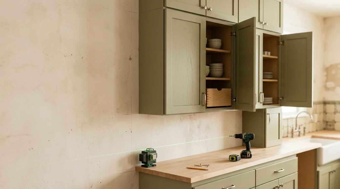 Newly installed kitchen cabinets in a Utah County home, showing upper and lower cabinet runs set level against painted walls with clean scribe lines and fitted doors. The installation reflects careful alignment work typical of M. Warren Construction projects across Utah County.