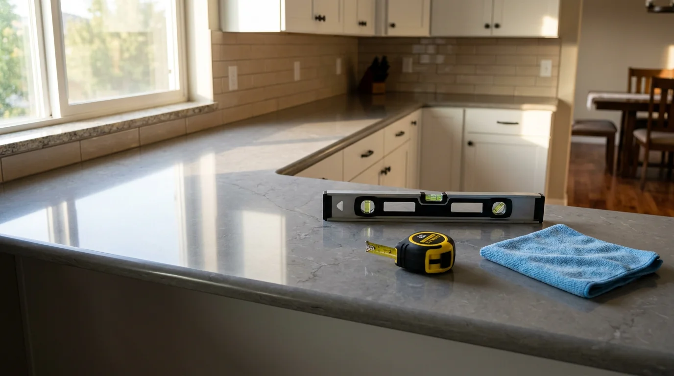 Freshly installed countertop in a Utah County kitchen showing clean seams, level surface, and proper fit against painted cabinetry. The finished installation reflects precise craftsmanship typical of a home improvement project completed by M. Warren Construction.