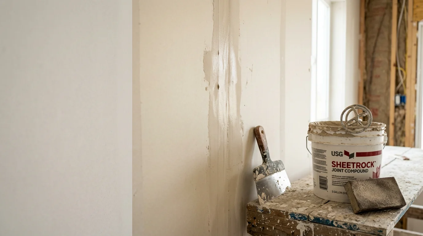 A freshly finished drywall interior in a Utah County home showing smooth, seam-free walls ready for paint. The room features clean corners and a flat ceiling surface completed by M. Warren Construction.