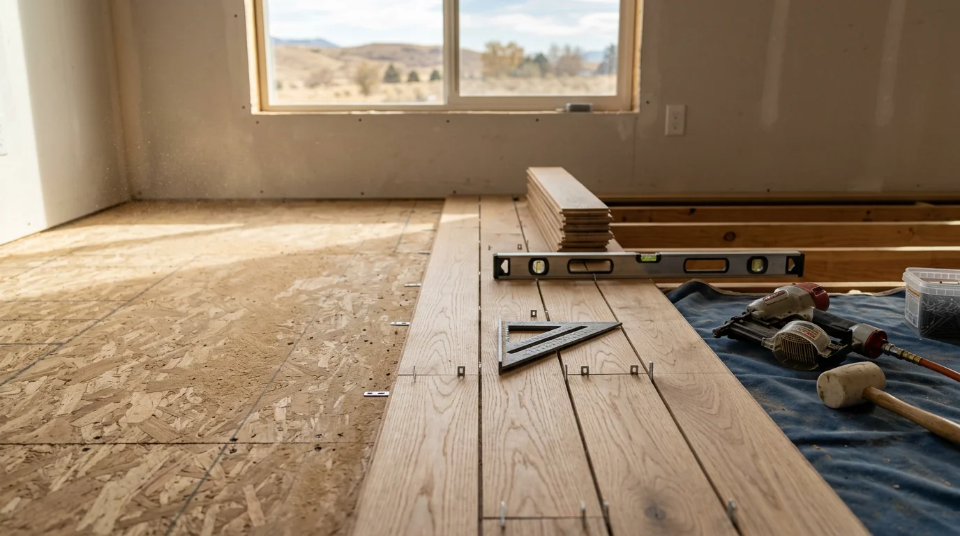 Freshly installed flooring in a Utah County home with clean edge transitions and an even surface throughout the room. A contractor from M. Warren Construction completes the final trim detail near a doorway.