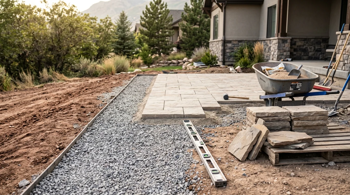 Newly installed paver patio and stone walkway at a residential property in Utah County, with clean edge lines and a level surface set against a backdrop of Utah's mountain terrain. The hardscape connects the home's back entrance to a defined outdoor seating area.