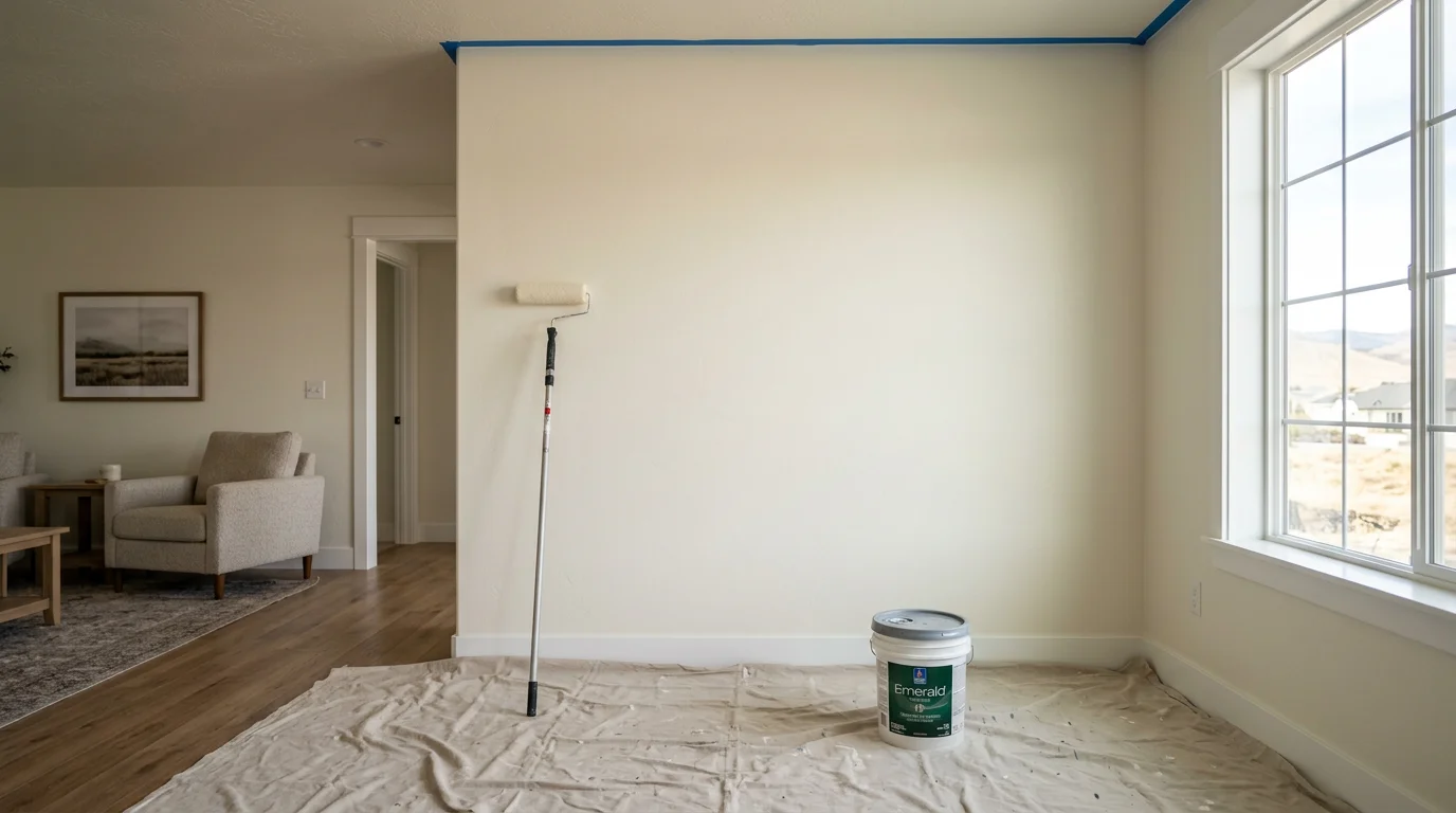 Freshly painted interior walls and white trim in a Utah County home, showing clean edges and an even finish throughout the room.