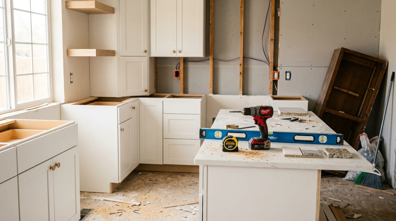 Remodeled kitchen in a Utah County home featuring updated cabinetry, new countertops, and a reconfigured layout. General contractor work completed by M. Warren Construction.