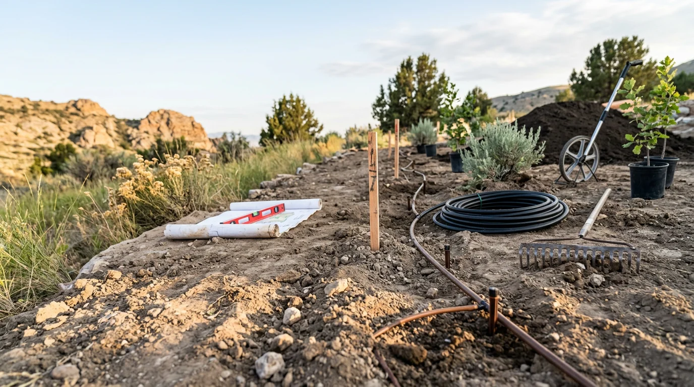 A finished residential landscape design in Utah County showing defined planting beds, graded terrain, and a clean yard layout suited to the local high-desert climate. The outdoor space reflects a site-specific plan built for the soil and sun conditions common across the region.