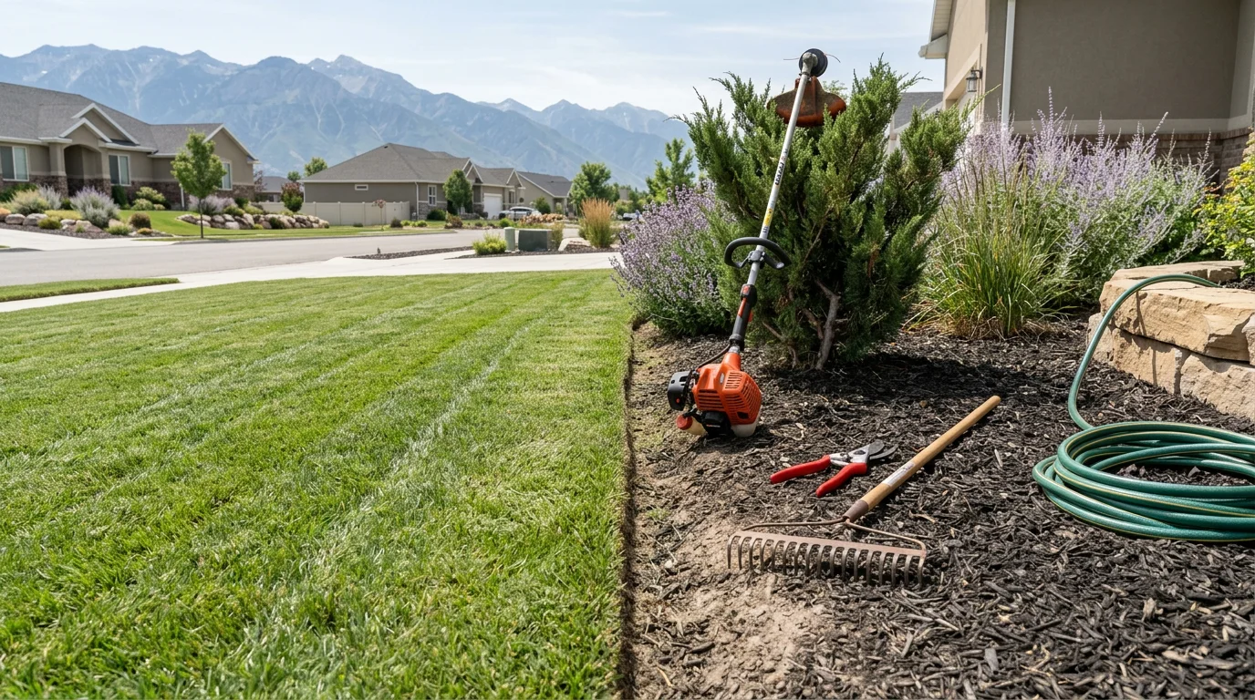 A well-maintained residential lawn and plant beds in Utah County, with neatly trimmed turf edges and clean mulched garden beds against a backdrop of the Wasatch foothills. A landscape maintenance crew tends to pruning and bed care on a clear Utah day.
