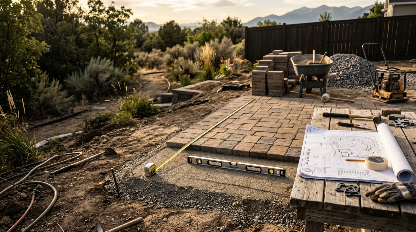 A custom outdoor living space designed by M. Warren Construction in Utah County, featuring a patio, shade structure, and fire feature set against a residential backyard. The space is designed to handle Utah's seasonal climate while providing a functional area for dining and gathering.