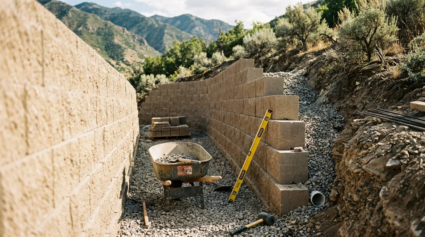 A finished multi-course retaining wall holding a sloped residential yard in Utah County, with clean grading and level ground created behind the wall. The wall runs along a hillside lot typical of the terrain found across Utah and Salt Lake counties.